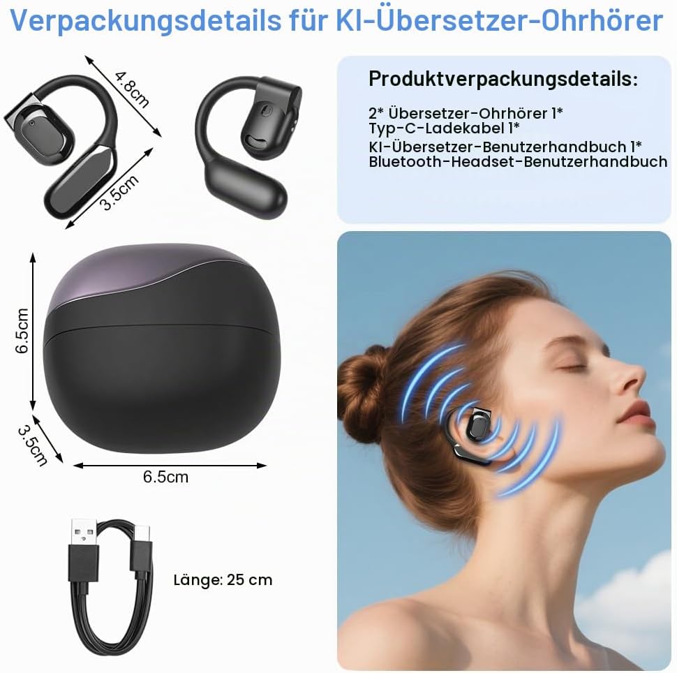 AI Übersetzer Kopfhörer, Echtzeit Übersetzungskopfhörer 144 Sprachen, Translation Earbuds Bluetooth