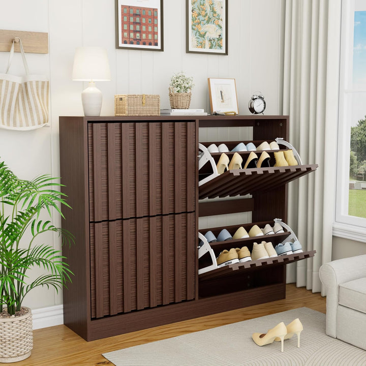 UEV Schuhschrank mit 4 Klappen Holz Schmal Schuhkipper Schuhkommode mit Kippschutz, Schuhaufbewahrun