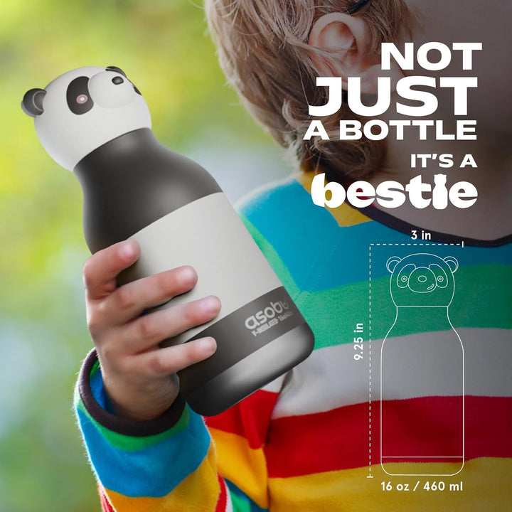 ASOBU Bestie Kindertrinkflasche mit Strohhalm – Isolierte Edelstahlflasche 420ml mit Panda-Kopf – Au