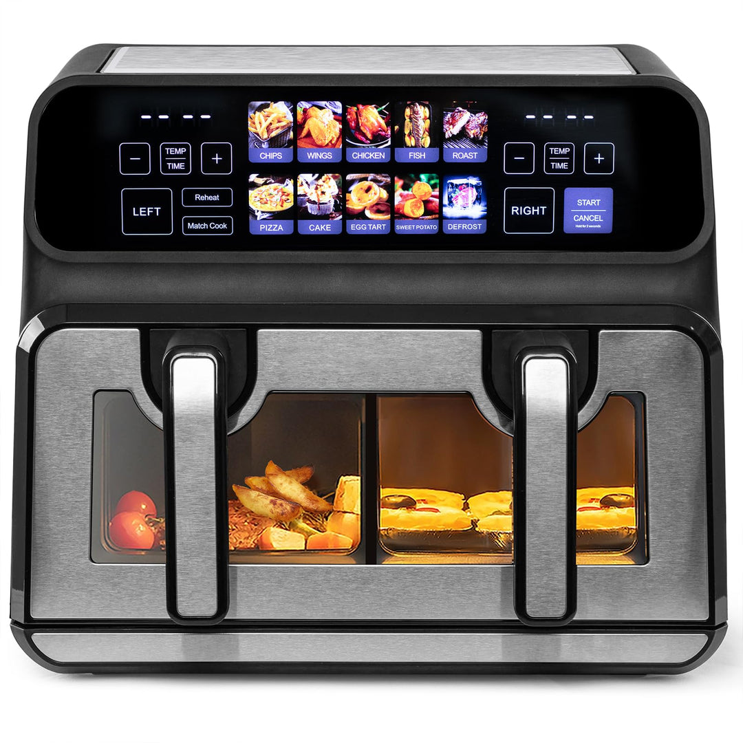 Dual Zone 9L-802TS Heissluftfritteuse, XXL Doppelkammer 2200W Heissluftfritteuse mit Trennwand, LED