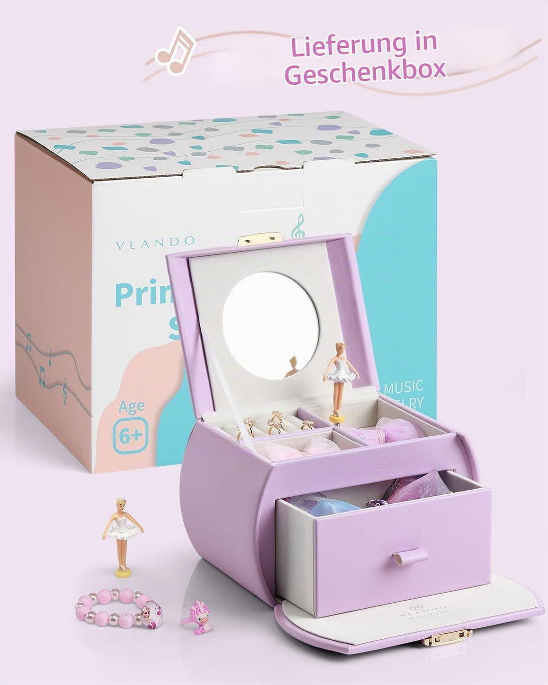 VLANDO Spieluhr Ballerina Schmuckkästchen, Abschliessbares Schmuckschatulle Mädchen PU Leder mit Sch
