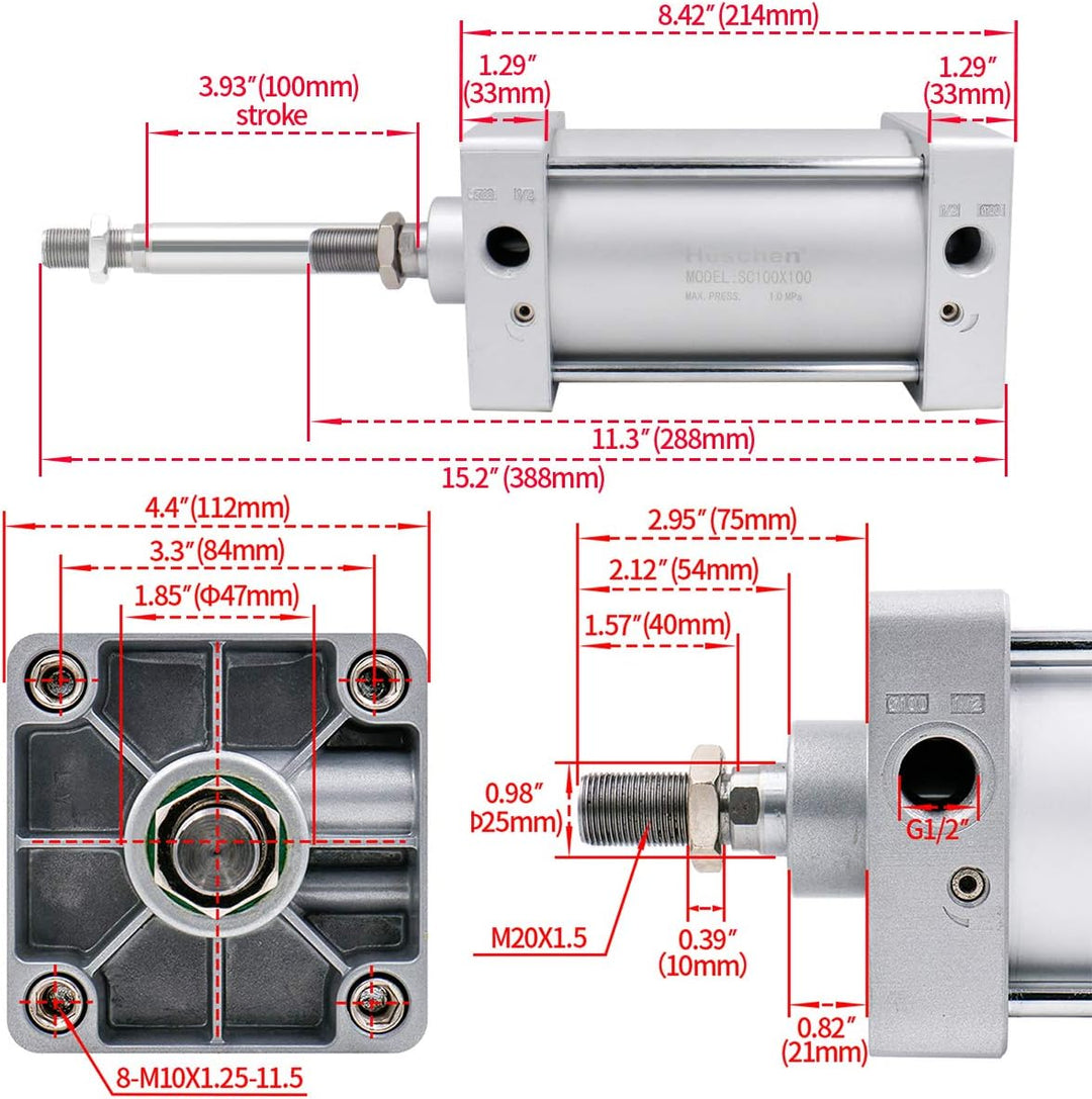 Heschen Pneumatischer Standard-Luftdruckzylinder, SC 100-100, PT1/2 Anschluss, 100mm Bohrung, 100mm