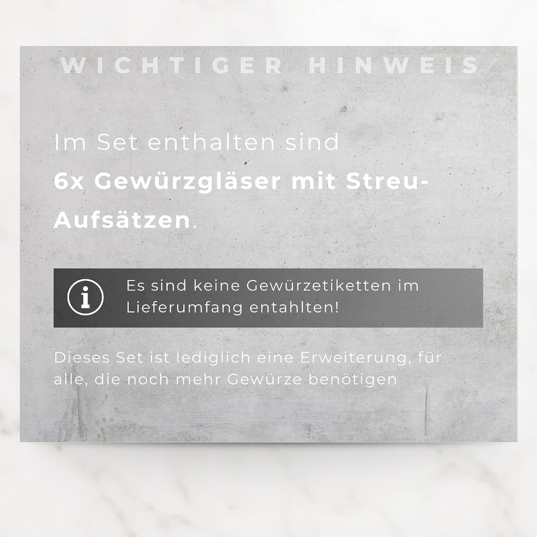 Ersatz Gläser Edeslstahl Deckel schwarz | 6x Gewürzgläser als Erweiterung zu unseren Sets | für alle