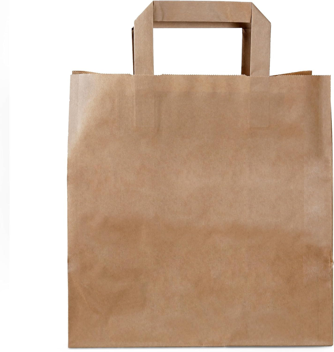 250 Stück Commerline Papiertüten Braun 26+17x25 cm | Kraftpapier Tüten Klein Mit Henkel | Tragetasch
