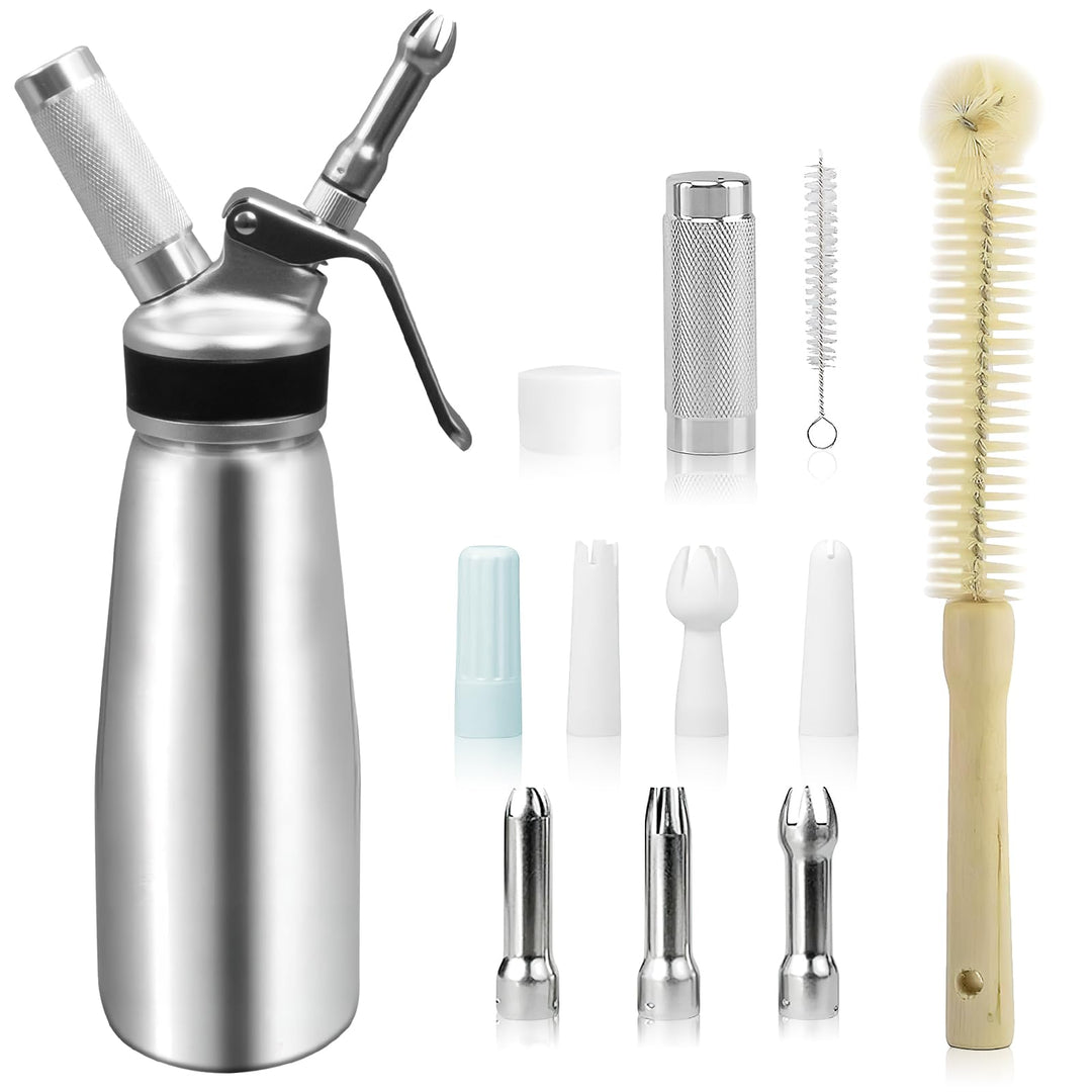 Sahnespender 500 ml aus Aluminium, Sahnebereiter mit 6 Dekordüsen, Schutzkappe und Reinigungsbürsten