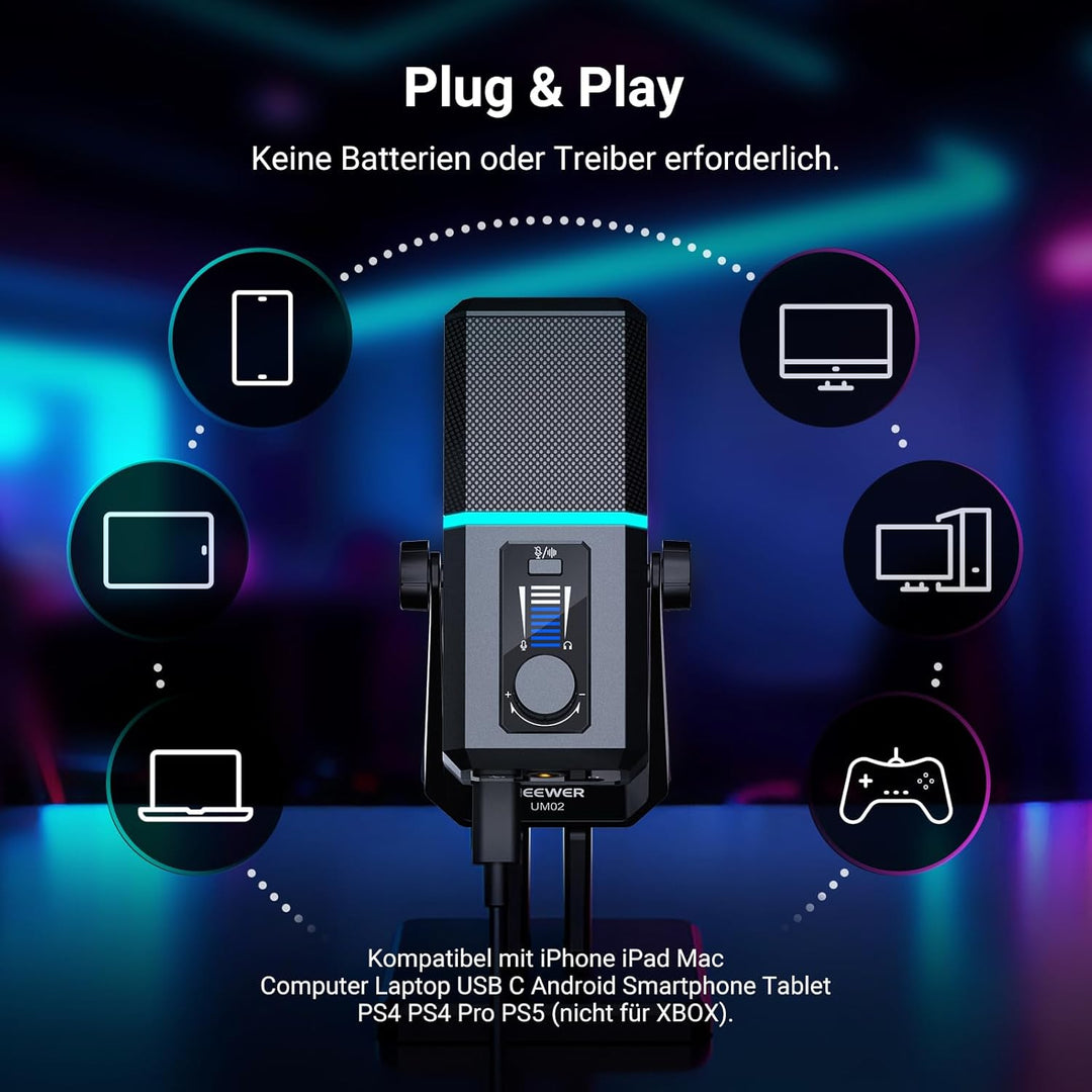 NEEWER RGB USB Mikrofon für Gaming Streaming Podcasts, Nierencharakteristik Kondensator Microphone m