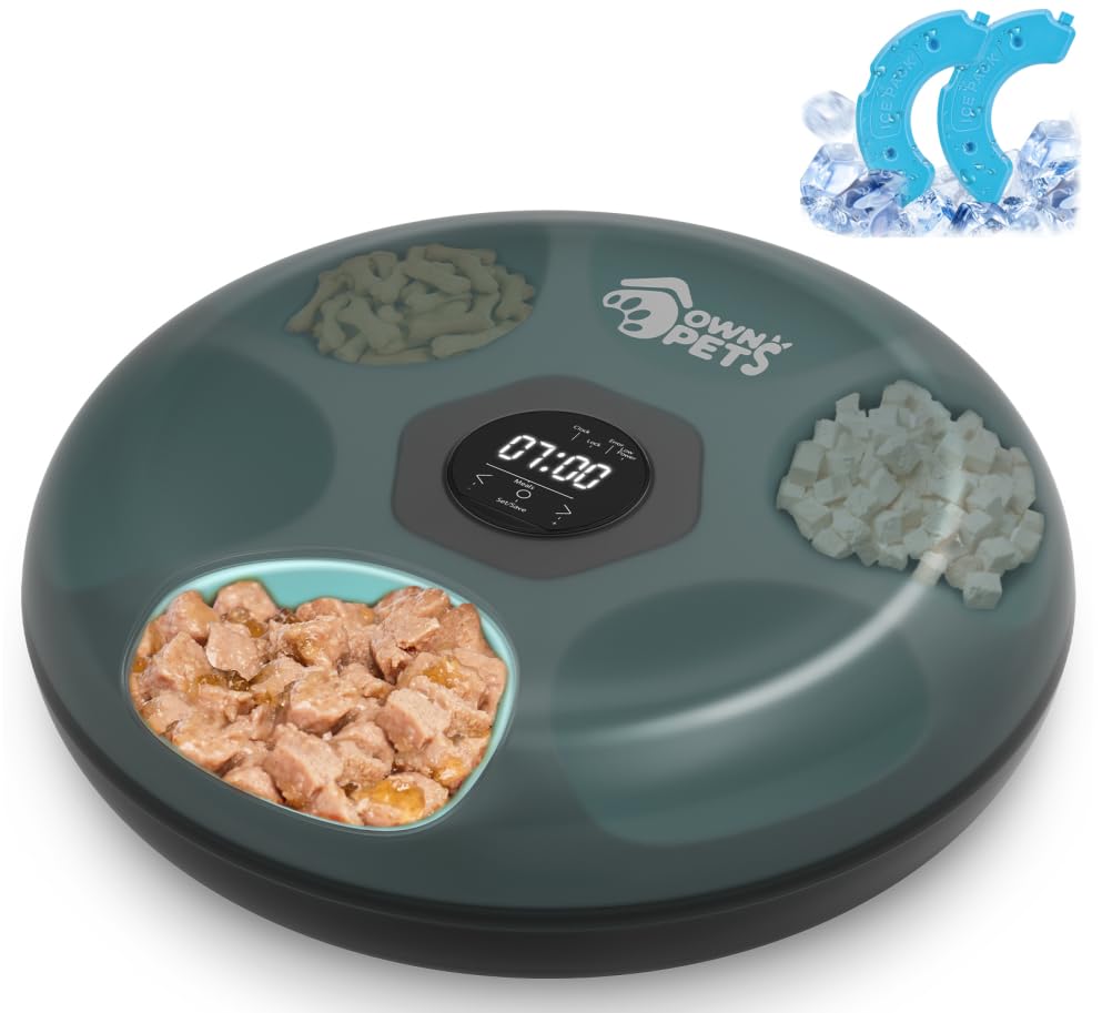 Ownpets 6 Mahlzeiten Automatischer Katzenfutterautomat für Nass-/Trockenfutter, mit 2 Kühlakkus, pro