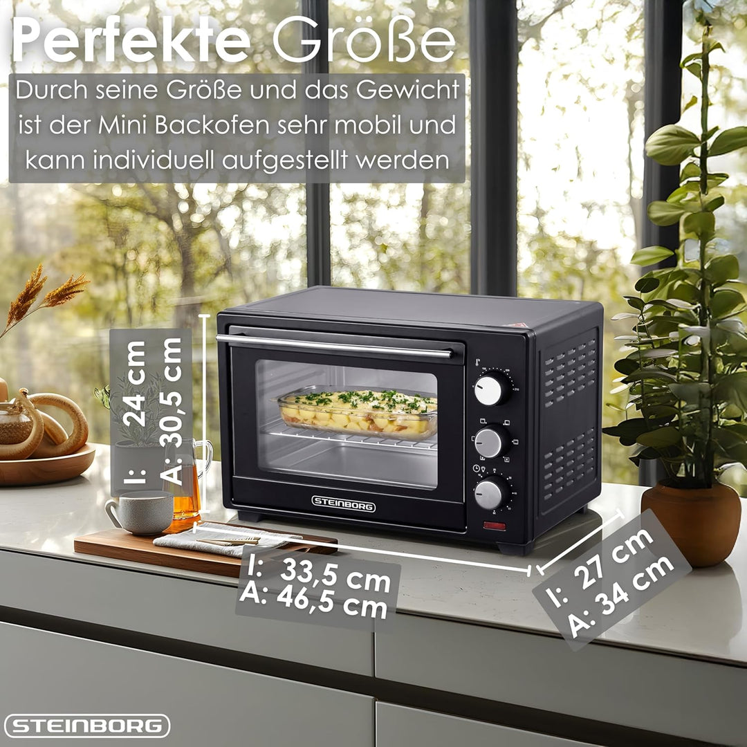 Steinborg® 25 Liter Mini Backofen mit Umluft Pizza Ofen inkl. Backblech und Grillrost Miniofen 60 Mi