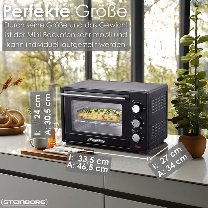 Steinborg® 25 Liter Mini Backofen mit Umluft Pizza Ofen inkl. Backblech und Grillrost Miniofen 60 Mi