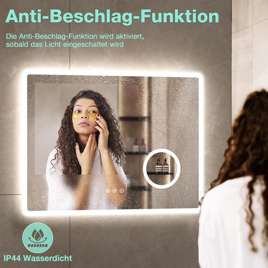 Badezimmerspiegel 80 x 60 cm mit Beleuchtung, 3 Lichtfarben, Dimmbar, Antibeschlag, 3-Fach Vergrösse