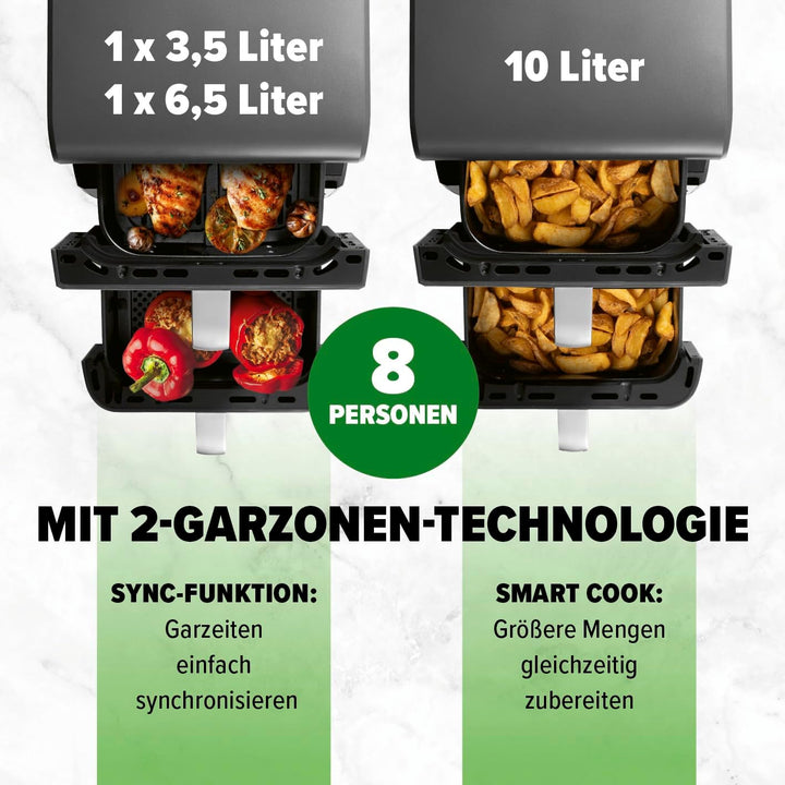 GOURMETmaxx FryUp Doppelkammer Heissluftfritteuse MultiSize - 10 L | vertikaler Airfryer mit 2 Kamme