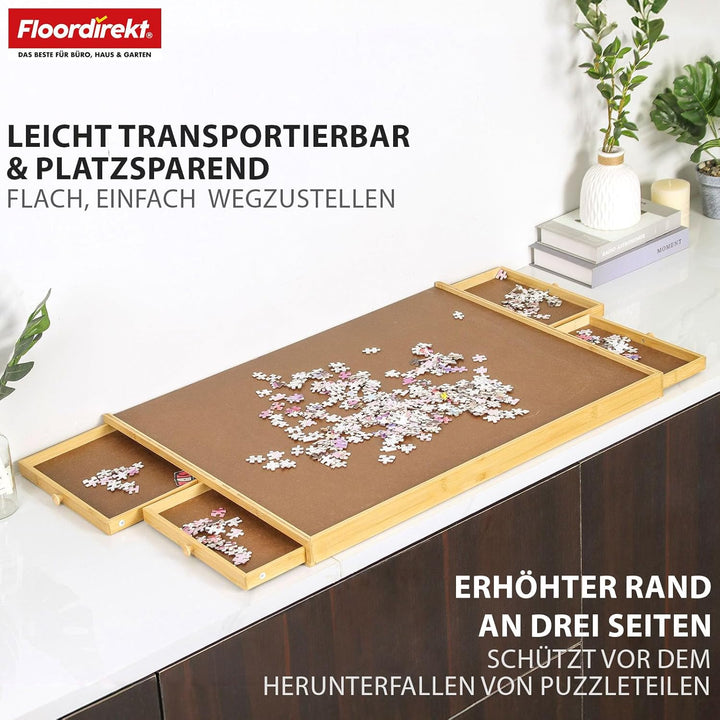 Floordirekt Puzzletisch mit Schubladen, 76x57cm Tragbares puzzlebrett für Puzzle bis 1000 aus Bambus