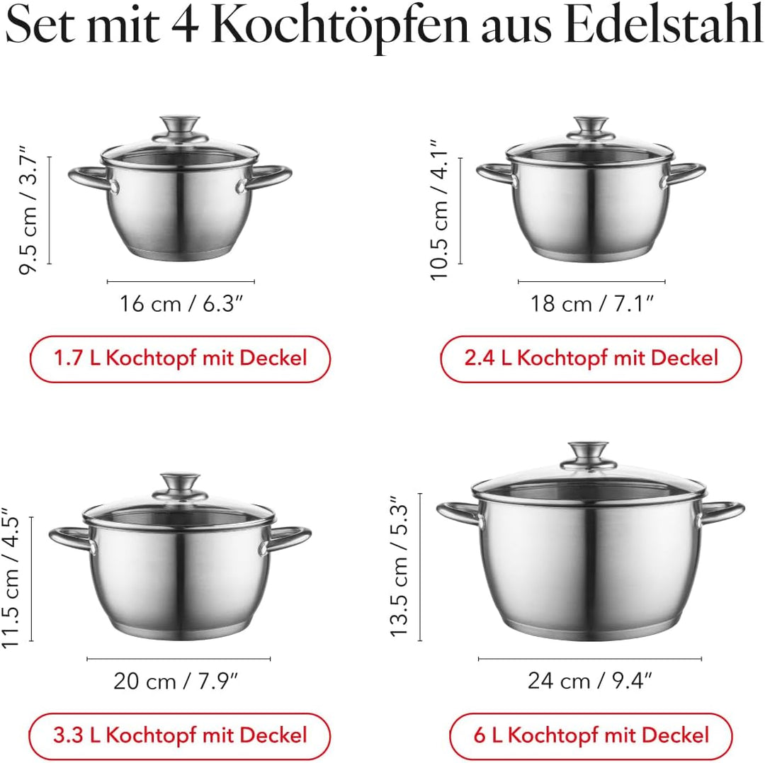 FLORINA 5K6542 Henry Kochtopf Set Edelstahl 8-Teilig Induktion 4 Topfe 4 Glasdeckel Geeignet für all