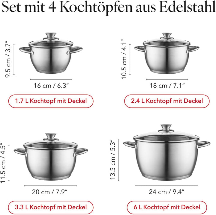 FLORINA 5K6542 Henry Kochtopf Set Edelstahl 8-Teilig Induktion 4 Topfe 4 Glasdeckel Geeignet für all