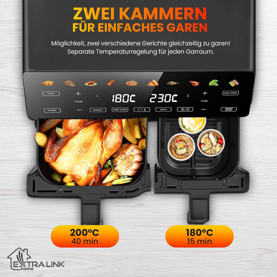 Extralink Heissluftfritteuse 2 Kammern 10L (6L+3.5L) – 2500W Doppelkammer Airfryer mit 8 Kochprogram