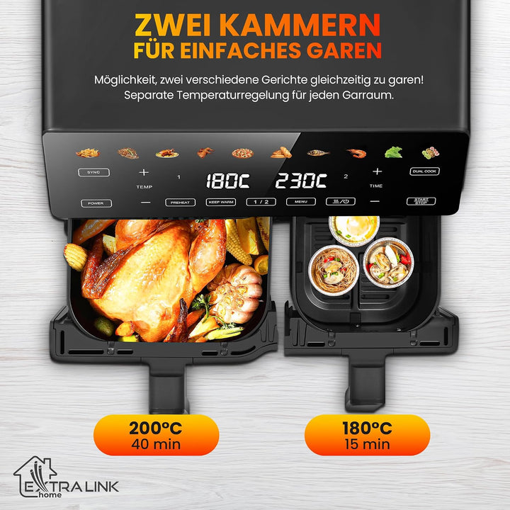 Extralink Heissluftfritteuse 2 Kammern 10L (6L+3.5L) – 2500W Doppelkammer Airfryer mit 8 Kochprogram