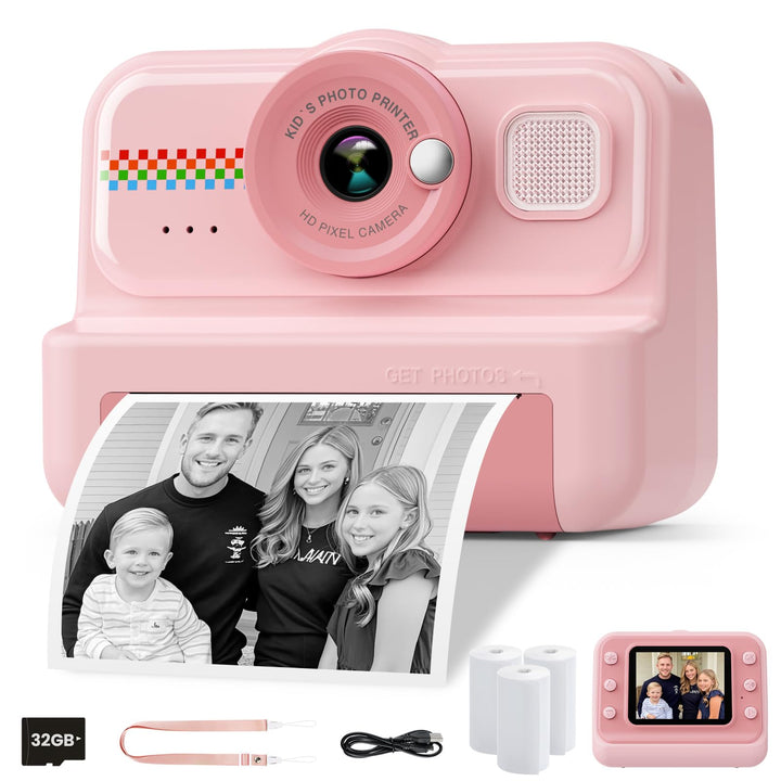 HiMont Kinderkamera Sofortbildkamera, 1080P Sofortbildkamera Kinder mit 32GB Karte & 3 Rollen Druckp