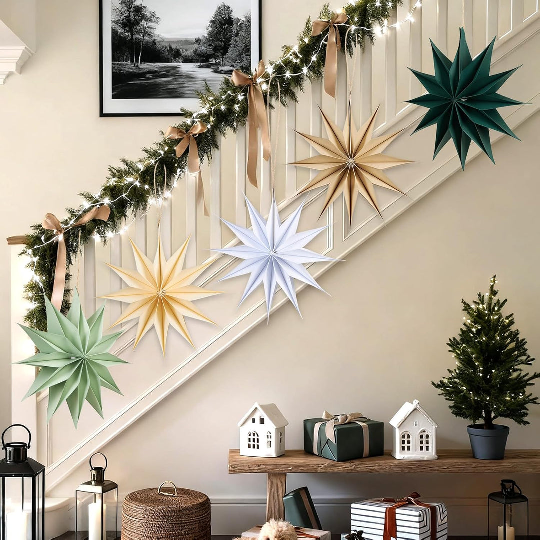 SUNBEAUTY 5 Stück Papiersterne zum Aufhängen 29cm Beige,Papiersterne Weihnachten Zwölf Ecken Weihnac