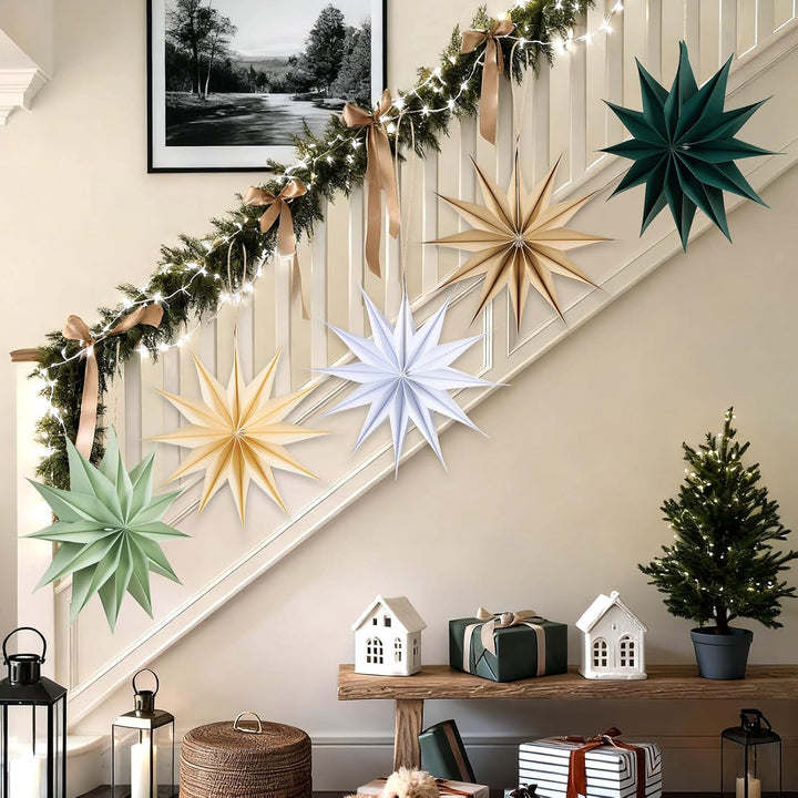 SUNBEAUTY 5 Stück Papiersterne zum Aufhängen 29cm Beige,Papiersterne Weihnachten Zwölf Ecken Weihnac