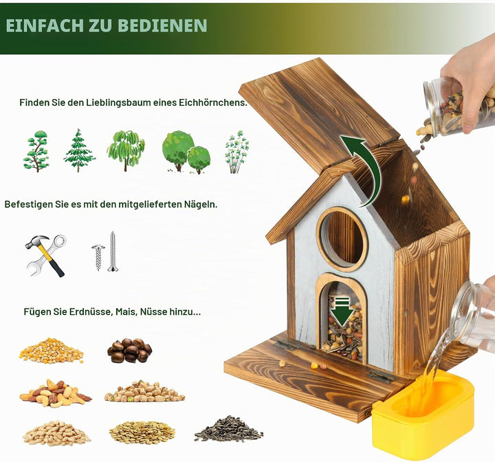 MIXXIDEA Eichhörnchen-Futterstation aus Holz mit Wasserschale, grosse Kapazität, Eichhörnchen-Futter