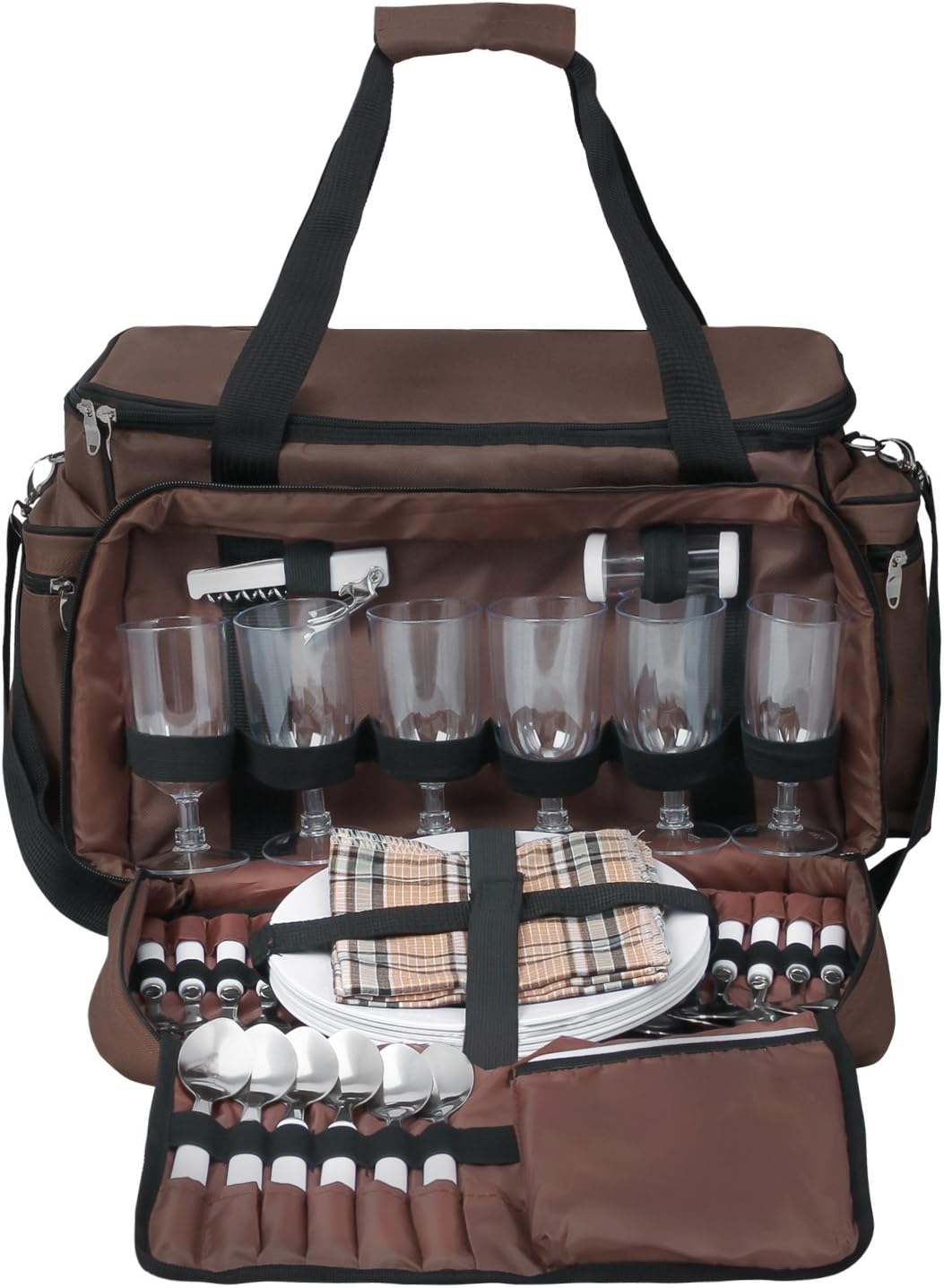 anndora XXL Picknicktasche 6 Personen braun - Vollausstattung 57 Teile Braun Hellblau