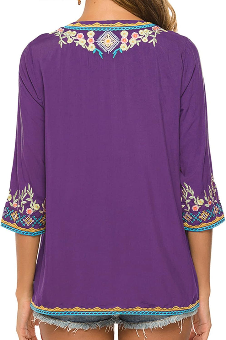 Vakakado Hippie Kleidung Damen Bohemian Folklore Stickerei Bluse 3/4 äRmel V Ausschnitt Tunika Somme