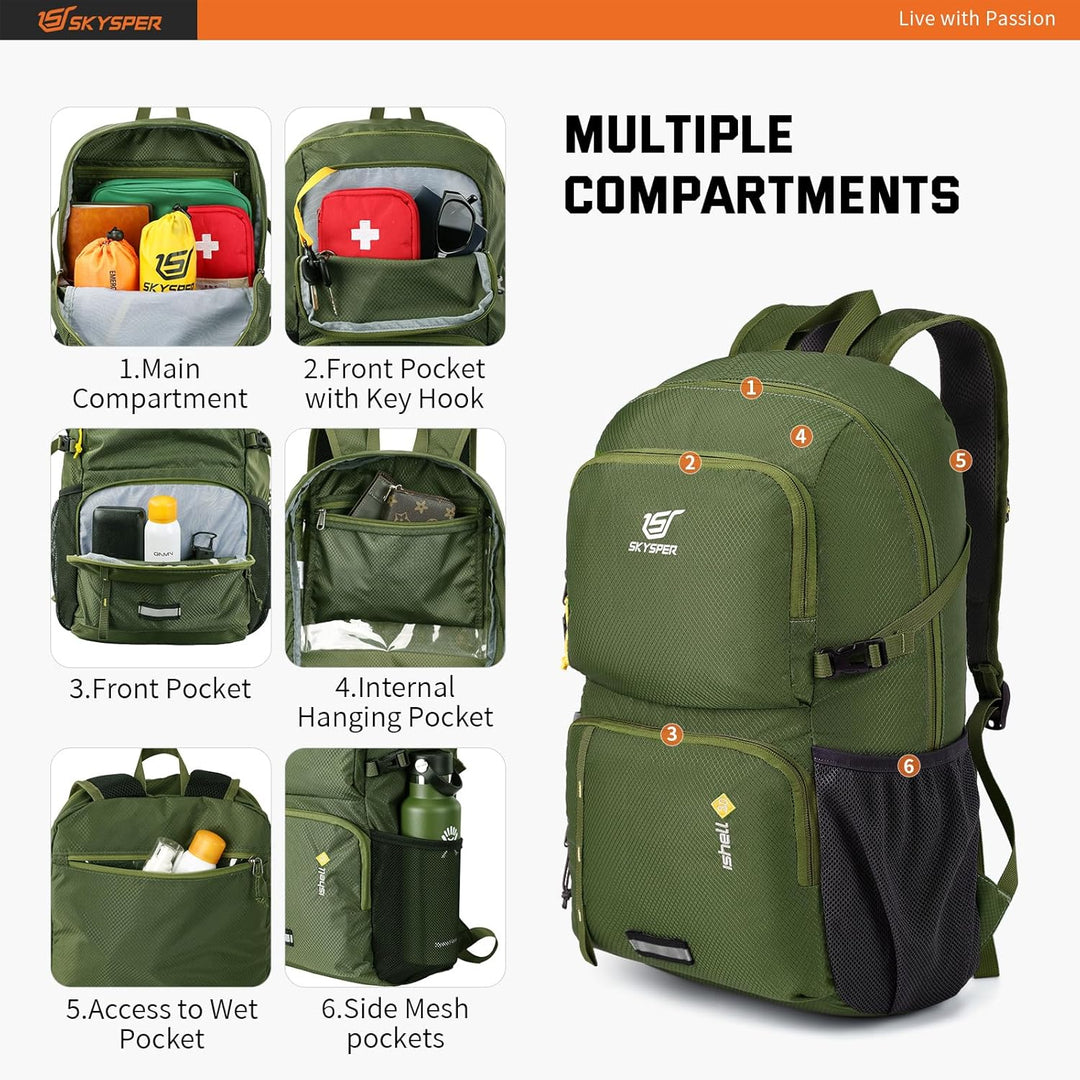 SKYSPER Ultraleichter Faltbarer Rucksack mit Nassfach - Wasserfest und Verstaubarer Daypack für Wand