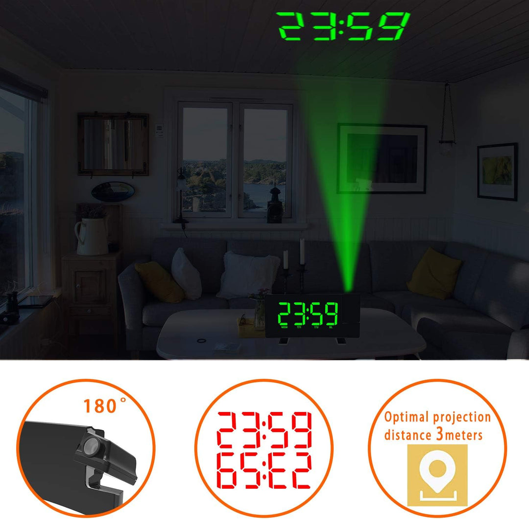 ThreeH Projektionswecker LED-Bildschirm 4 einstellbare Helligkeit Digitale Funkuhr mit USB-Telefon-L