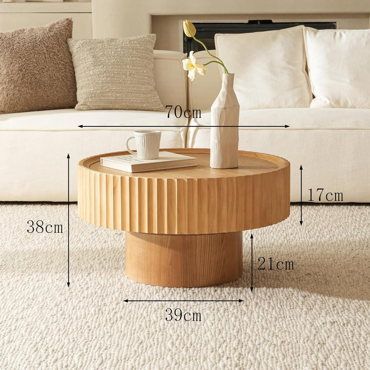Couchtisch Rund Holz, Coffee Table mit Geriffeltem Design, Wohnzimmertisch Rund in Pilzform mit Den
