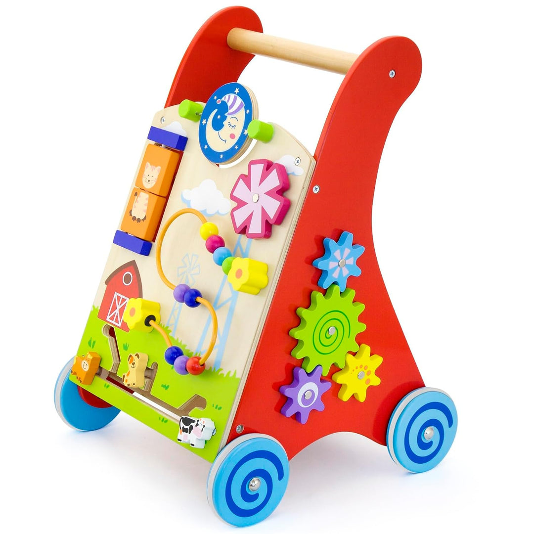 Lauflernwagen Lauflerner, Activity Babywalker mit Motorikbrett aus FSC-Holz, mit Gummilaufringen und