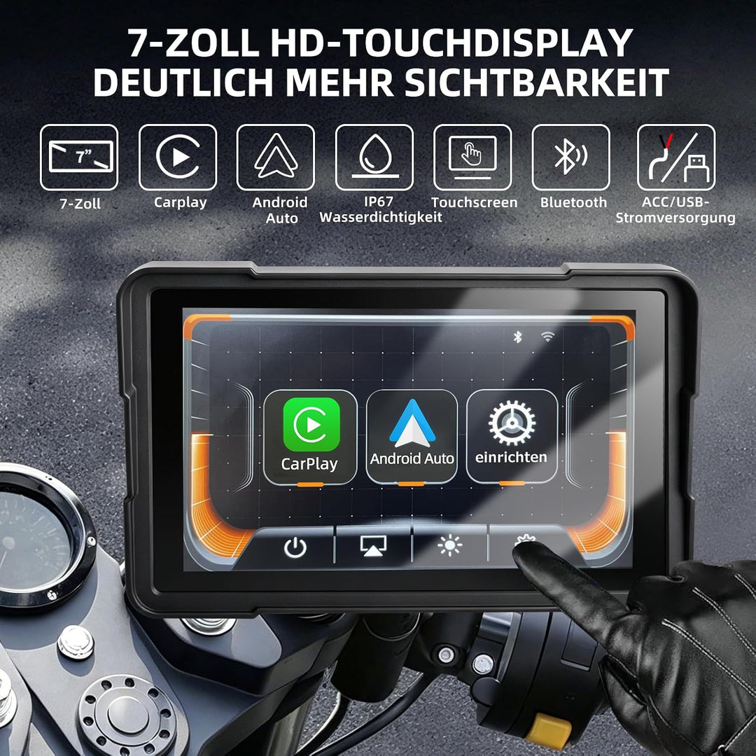 7 Zoll Motorrad Display mit Wireless CarPlay &amp; Android Auto, 1000 Nits Helles Motorrad Navi Touchscr