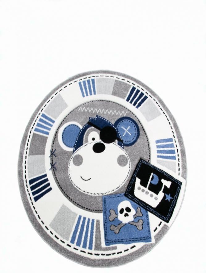 CARPETIA Teppich Kinderzimmer Babyzimmer Jungen AFFE Pirat blau crème grau schwarz Grösse 80 cm Rund