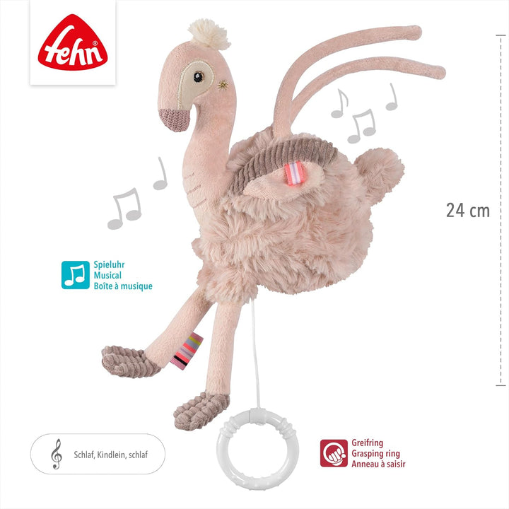 Fehn Mini-Spieluhr Flamingo – Kuscheltier & Einschlafhilfe: Aufzieh-Spieluhr mit sanfter Melodie Sch