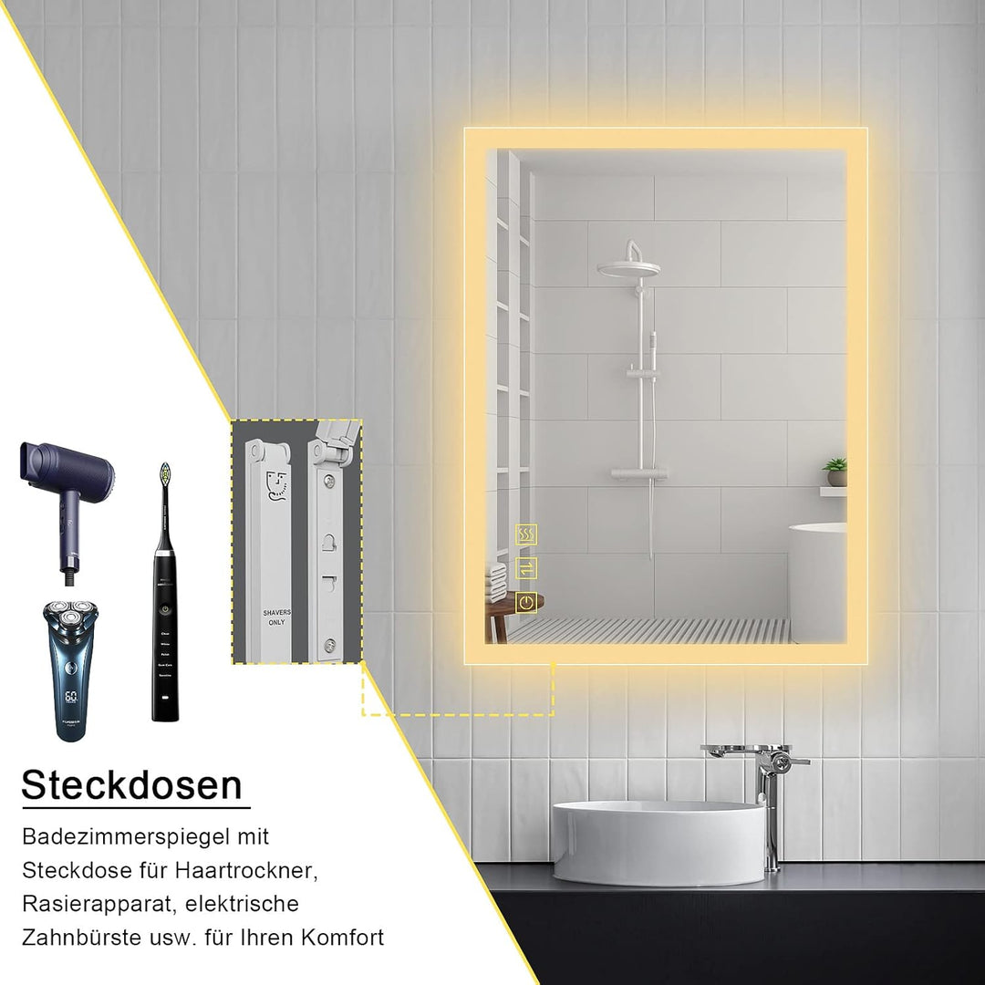 AI-LIGHTING Badspiegel mit Beleuchtung 45×60 cm Badezimmerspiegel mit Licht und Rasiereranschluss/Be