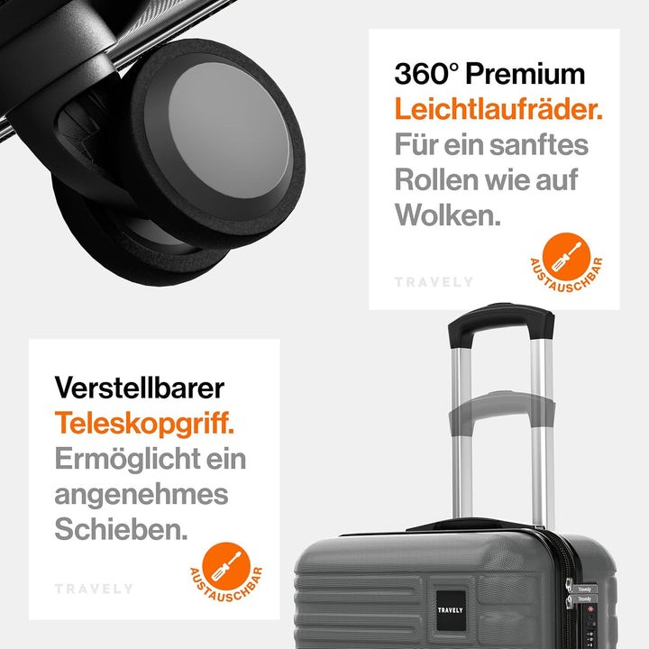 Travely Premium Handgepäck Koffer 55x40x20cm - passend für Ryanair, Lufthansa, Eurowings und co. I 3