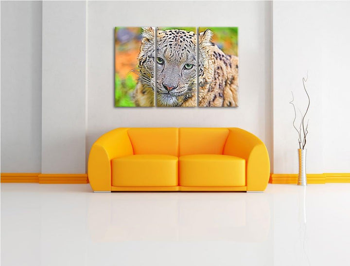 eleganter Schneeleopard Spezial 3-Teiler Leinwandbild 120x80 Bild auf Leinwand, XXL riesige Bilder f