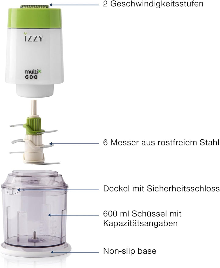 Benrubi IZZY Multi+ 600, der 6 Klingen Zerkleinerer, elektrischer Multizerkleinerer, Zwiebelschneide
