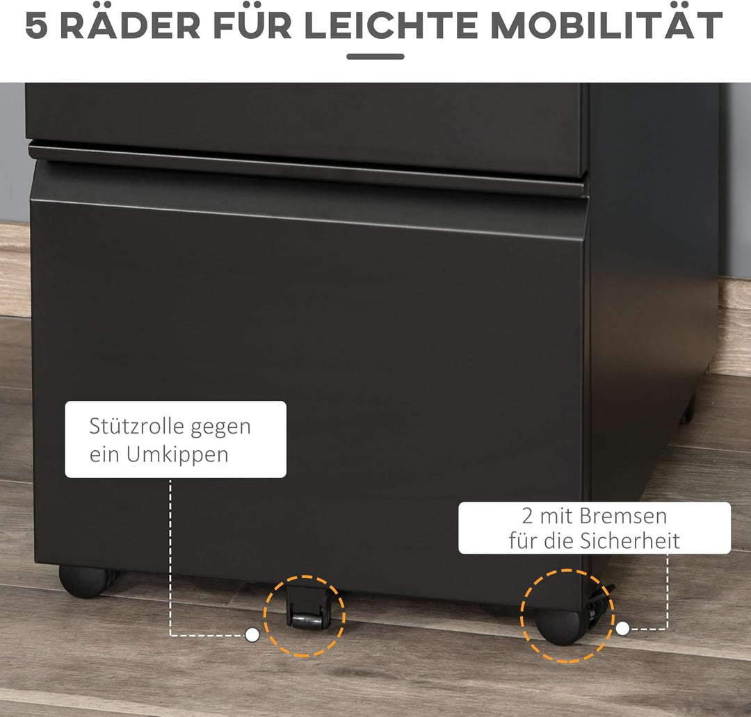 Vinsetto Rollcontainer mit 3 Schubladen Aktenschrank Büroschrank mit Rädern Bürocontainer mit konkav