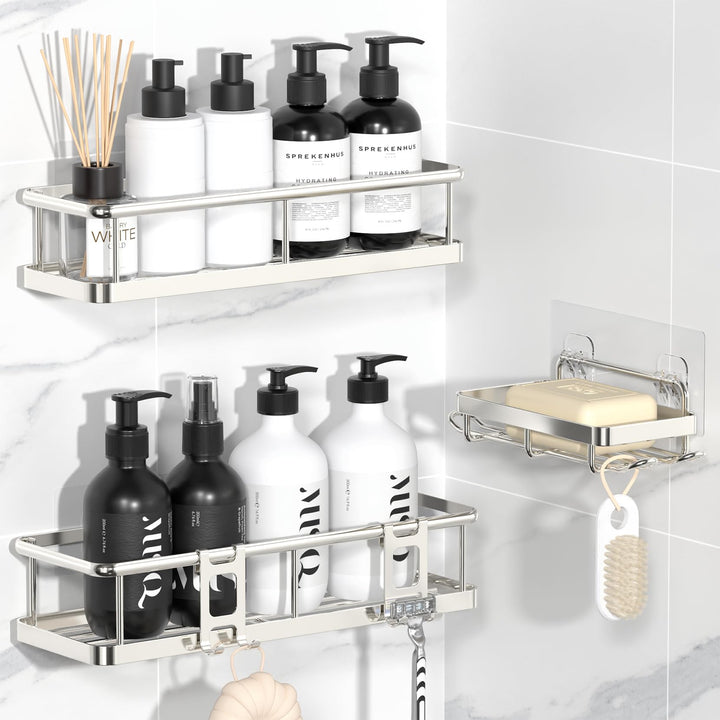 YASONIC Duschablage Ohne Bohren, 3 Stück Rostfreie Badezimmer Organizer, Schnelltrocknender Duschreg