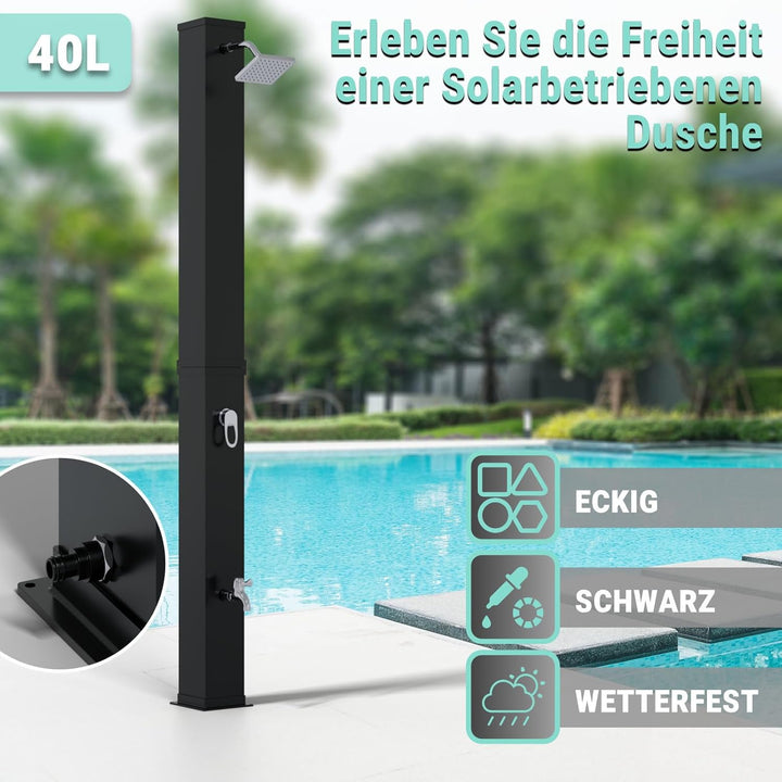 HAGO Solardusche | 40L | eckig | Schwarz | Pooldusche | Campingdusche | Gartendusche | Outdoor Fussd