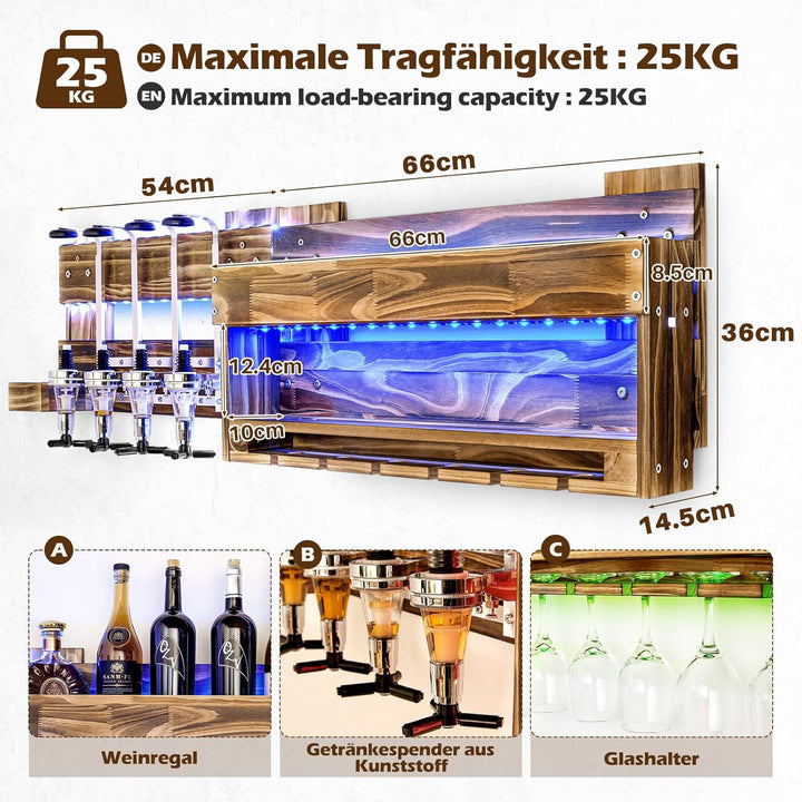 Yorbay Weinregal Mit LED-Licht Palette beflammt Holz, Wandbar mit 4 Getränkespender Wand Flaschenhal