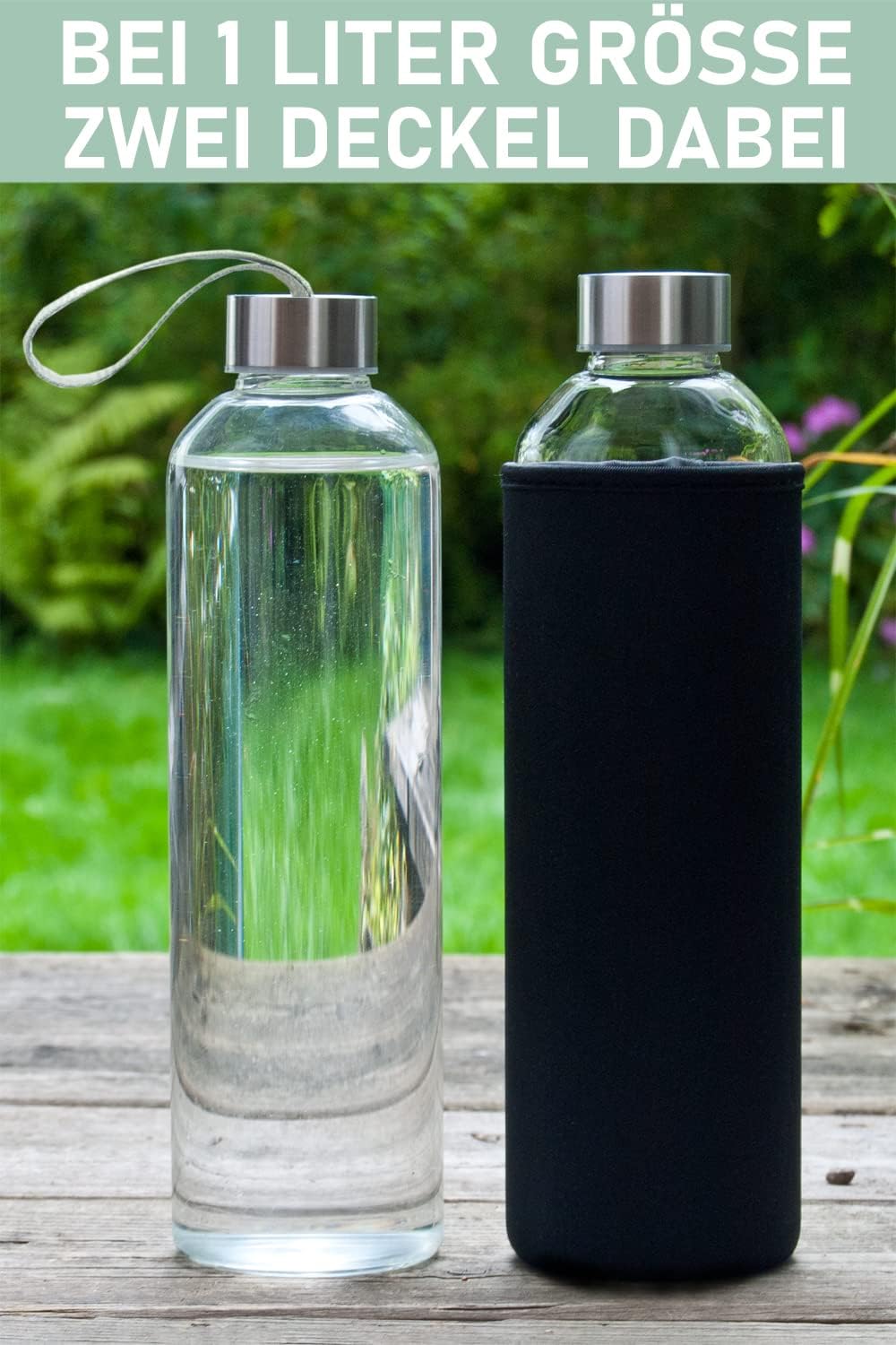 T&N Glasflasche 1 Liter / 750ml / 500ml – Trinkflasche Glas 1l mit Neoprenhülle – Wasserflasche Ausl
