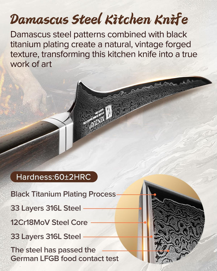 XINZUO 18,4cm Damaststahl Filetiermesser-Schwarze Klinge -67 Schichten Damastmesser Fischmesser Prof