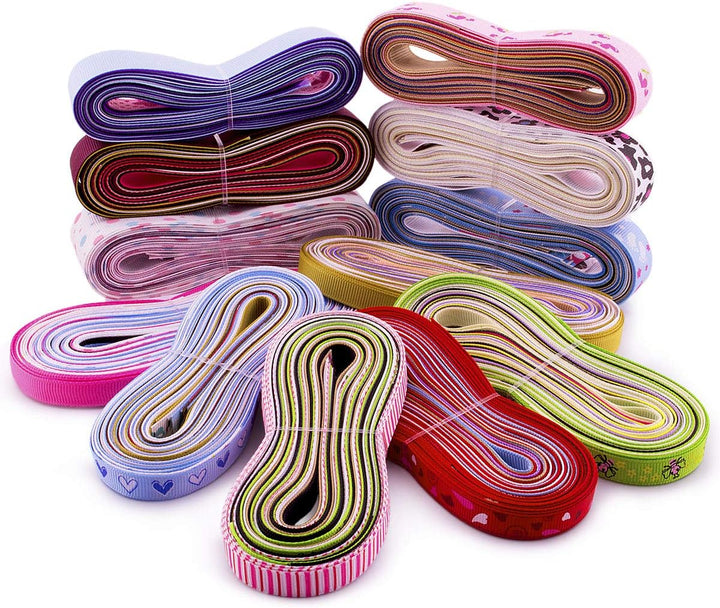 450 g Ripsband, 10 mm / 16 mm / 25 mm / 38 mm, gemischte Farben und Breite, einfarbig/bedruckt, für