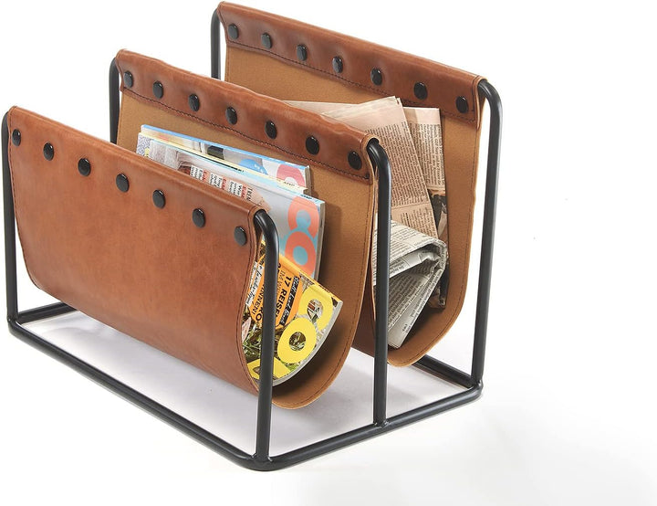 Kobolo Zeitungsständer aus Metall und Kunstleder braun mit Zwei Fächern 38x25x27cm