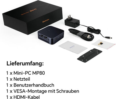 Blackview MP80 Mini PC Intel N97 CPU (bis zu 3,6 GHz) 16GB LPDDR5 RAM 512GB M.2 SSD, Mini Computer W