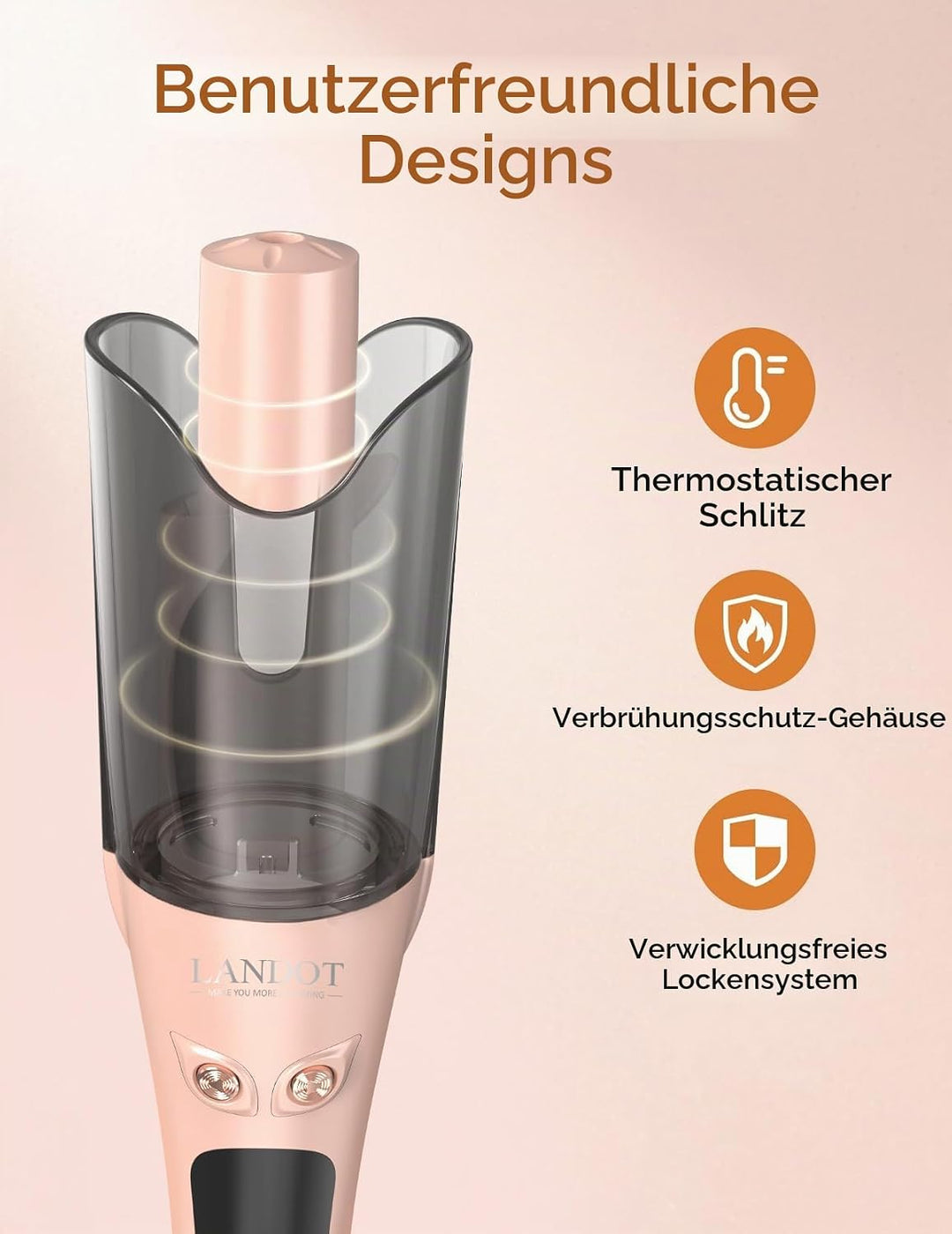 LANDOT 25mm Automatischer Rotierender Lockenstab - Für Beach Waves und Natürliche Locken, mit 8 Temp