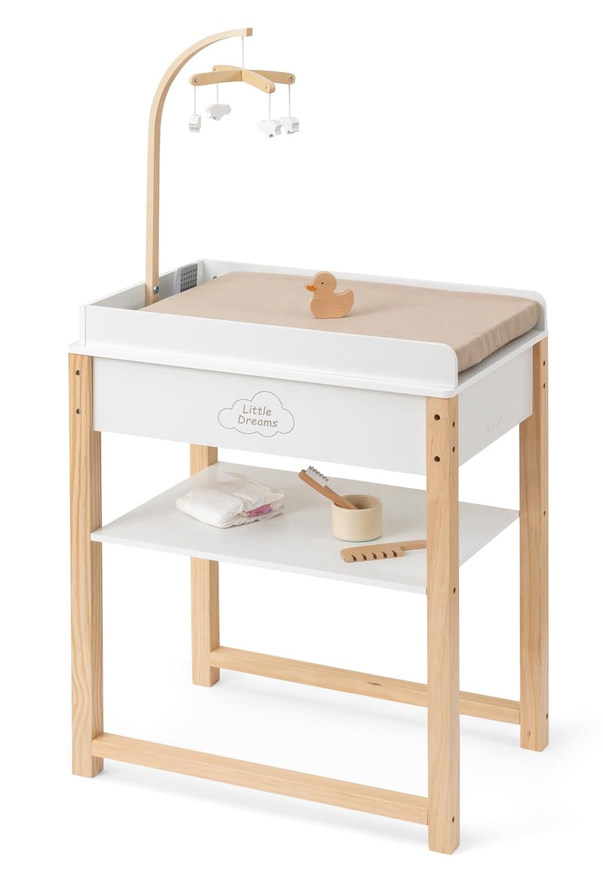 ELLA & PIET® Puppenwickeltisch Splashy mit Badewanne und Mobile aus Holz (Weiss-Schlamm) Puppenwanne