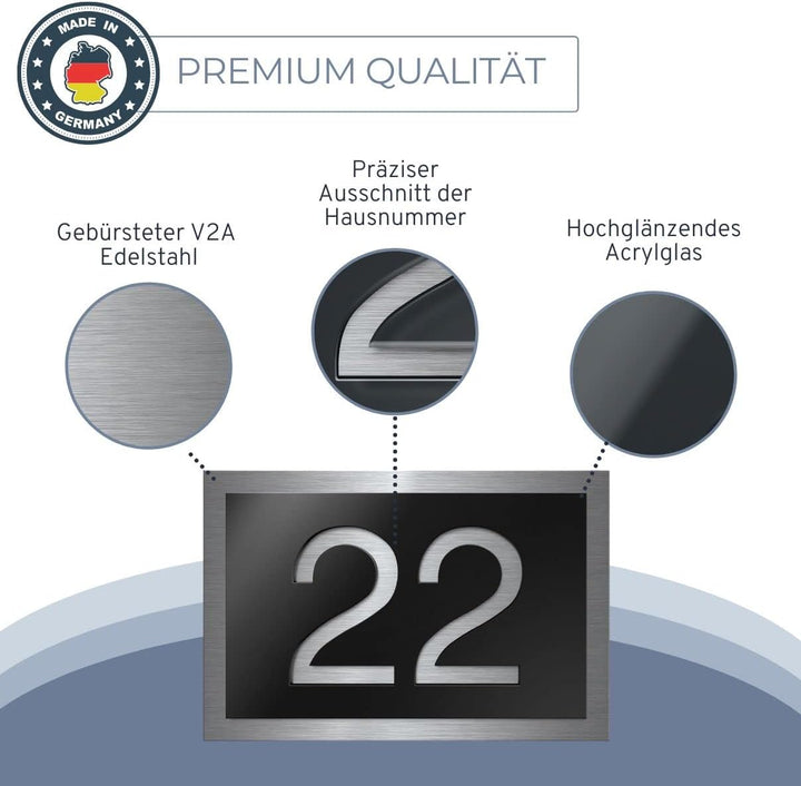 Premium Designer Hausnummer aus Edelstahl | viele Farben: Anthrazit - Grau - Schwarz - Weiss - Rot |