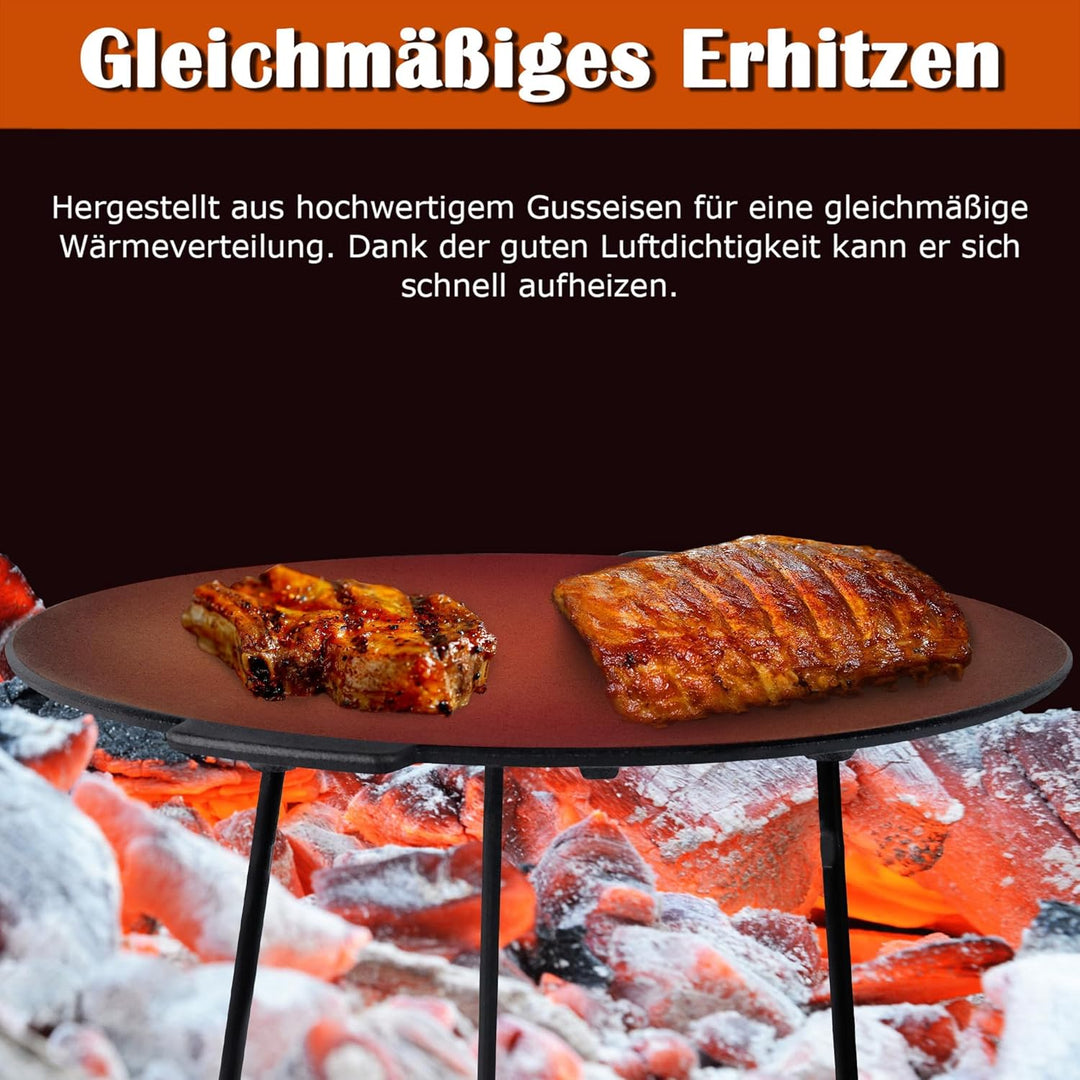 UISEBRT Gusseisen Grillpfanne Ø 45 cm, Runde Grillplatte mit 3 Beinen, Eingebrannt für perfektes Bra